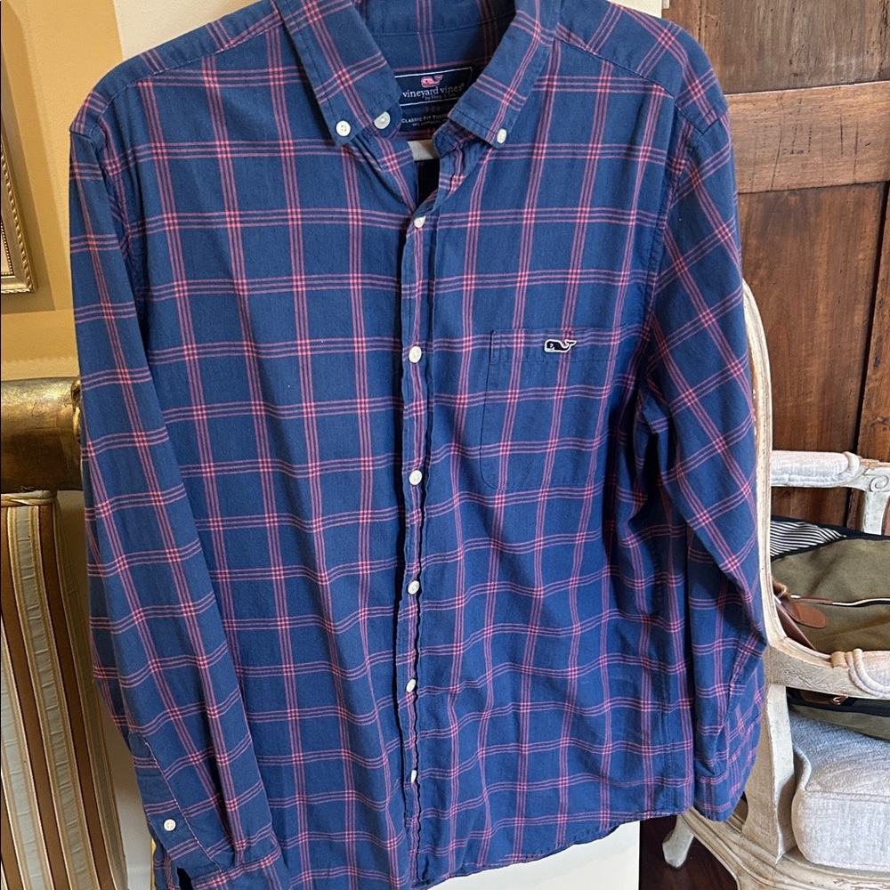 Vineyard Vines Men's Navy and Pink Checkered Shirt